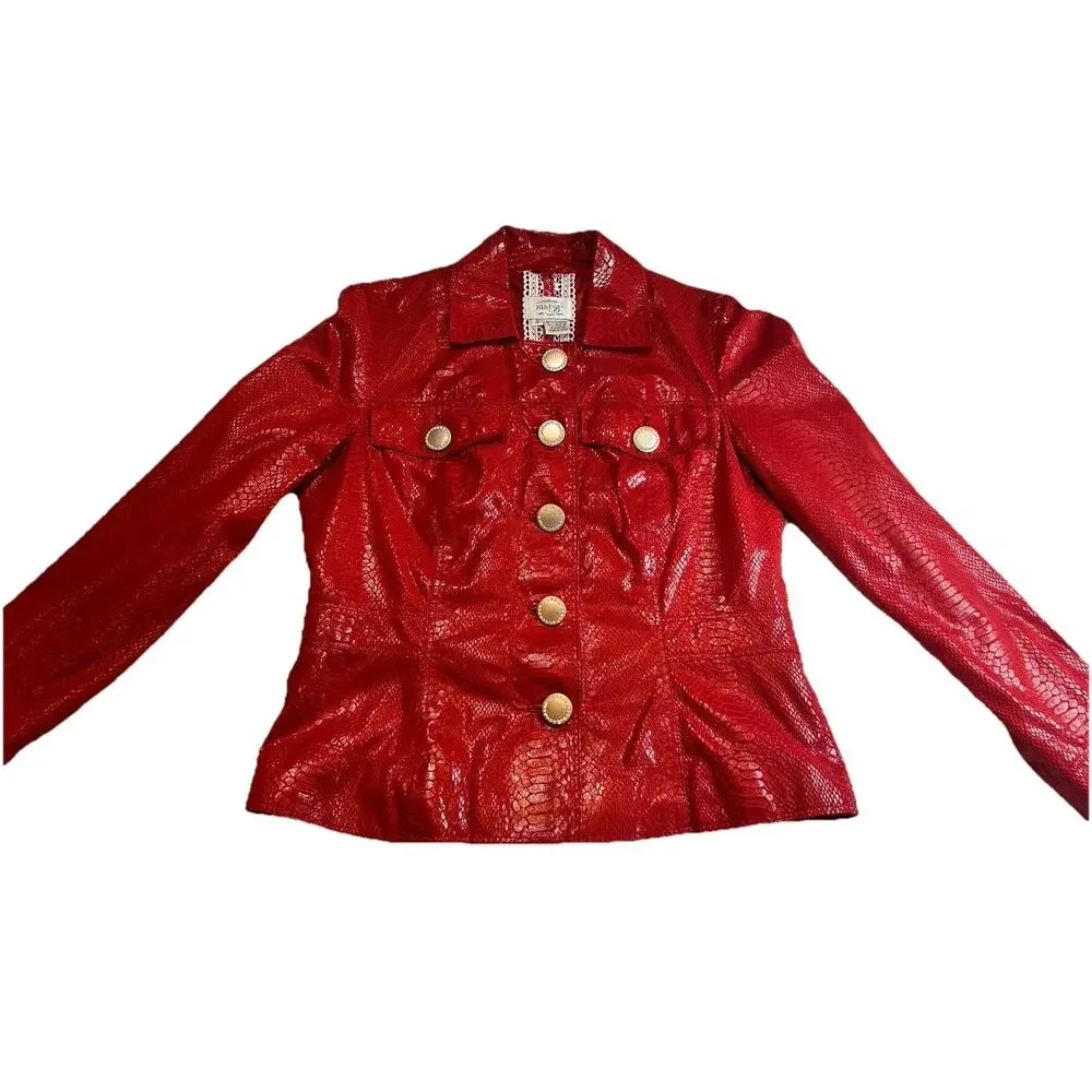 Just B Shiny‎ Red Metallic Jacket w/Decorative Buttons Small Snakeskin Print